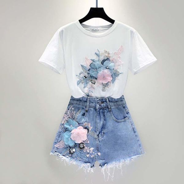european women two piece set embroidery 3d flower cotton tshirts +short jeans sets summer short sleeve tees shorts 2pcs sets, Gray
european women two piece set embroidery 3d flower cotton tshirts +short jeans sets summer short sleeve tees shorts 2pcs sets, Gray