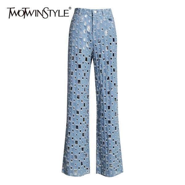 twotwinstyle hollow out wide leg pants for women high waist ripped hole autumn denim trousers female fashion clothing tide 210203, Blue
twotwinstyle hollow out wide leg pants for women high waist ripped hole autumn denim trousers female fashion clothing tide 210203, Blue