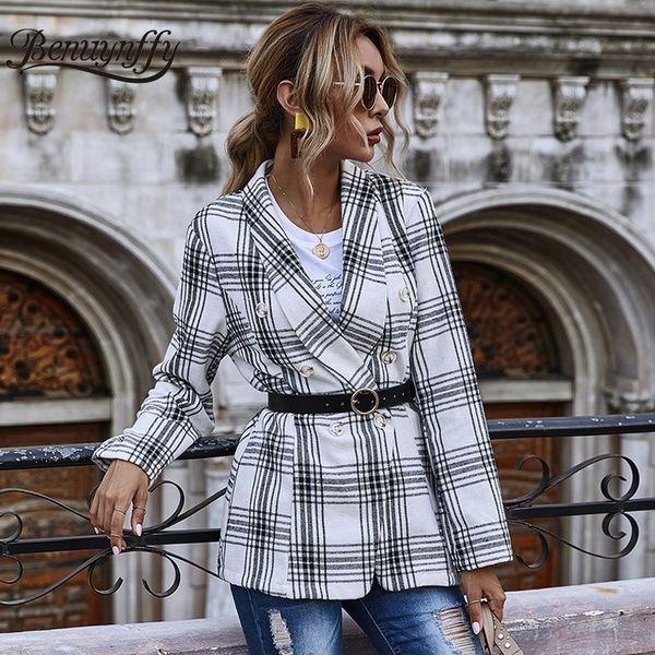 benuynffy elegant plaid double breasted women blazer autumn winter long sleeve ladies outwear chic office lady blazer coat y201026, White;black
benuynffy elegant plaid double breasted women blazer autumn winter long sleeve ladies outwear chic office lady blazer coat y201026, White;black