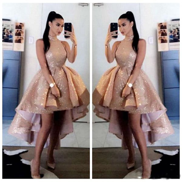 sequins rose gold prom dress a line halter neck high low formal party evening gowns vestido de gala, Black
sequins rose gold prom dress a line halter neck high low formal party evening gowns vestido de gala, Black