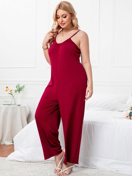 plus solid adjustable strap cami jumpsuit f3t4#, Black