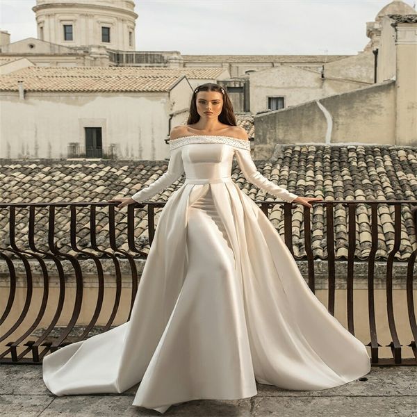 modern design mermaid wedding dresses with detachable trains beads pearls bridal gown bateau long sleeves vestidos de novia, White
modern design mermaid wedding dresses with detachable trains beads pearls bridal gown bateau long sleeves vestidos de novia, White