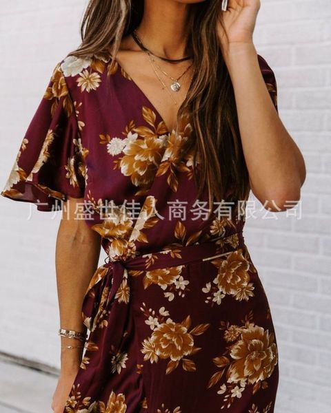 print mid length v-neck summer bohemian dress, Black;gray