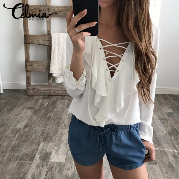 celmia 2020 fashion women blouse chiffon shirts lace up v neck ruffles long sleeve casual plus size blusa femininas 3xl, White
celmia 2020 fashion women blouse chiffon shirts lace up v neck ruffles long sleeve casual plus size blusa femininas 3xl, White