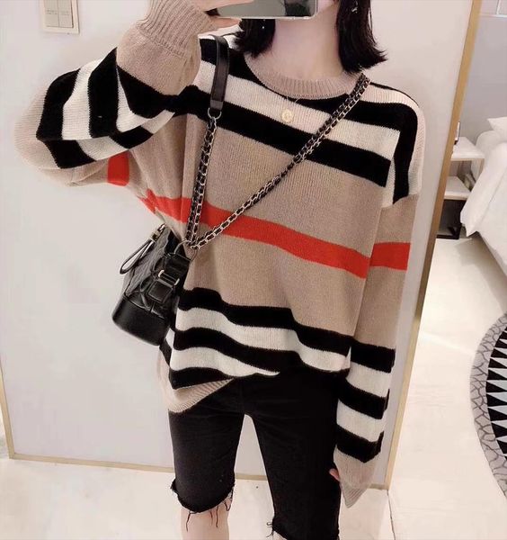 spring autumn cute long stripe sweater women 2020 new korean long sleeve female loose knit crochet sweater mujer khaki green, White;black 
spring autumn cute long stripe sweater women 2020 new korean long sleeve female loose knit crochet sweater mujer khaki green, White;black