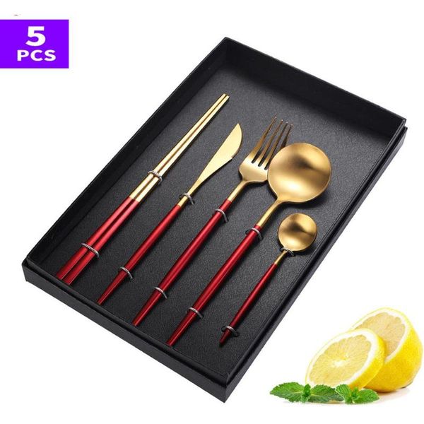 flatware sets 5 pcs metal reusable 410 stainless steel fork knife spoon chopsticks home tableware set western style gift box
flatware sets 5 pcs metal reusable 410 stainless steel fork knife spoon chopsticks home tableware set western style gift box