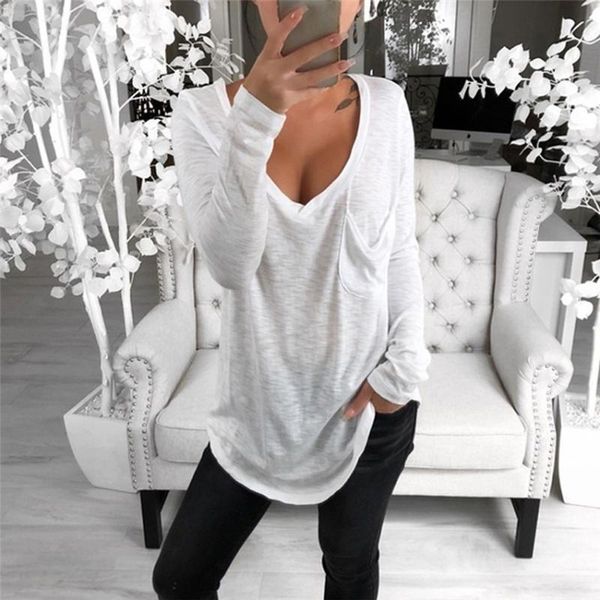 women's t-shirt solid v-neck long sleeve loose women pocket thin tee shirts 2021 simple casual female tshirts, White
women's t-shirt solid v-neck long sleeve loose women pocket thin tee shirts 2021 simple casual female tshirts, White