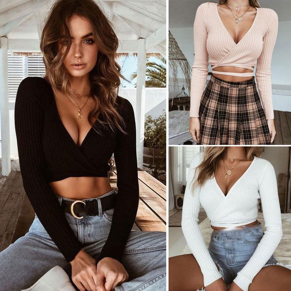 women ladies summer slim crop long sleeve t shirt casual solid v neck knitted short, White
women ladies summer slim crop long sleeve t shirt casual solid v neck knitted short, White