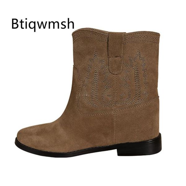 boots beige suede ankle women round toe flower embroidery flat female cowboy, Black