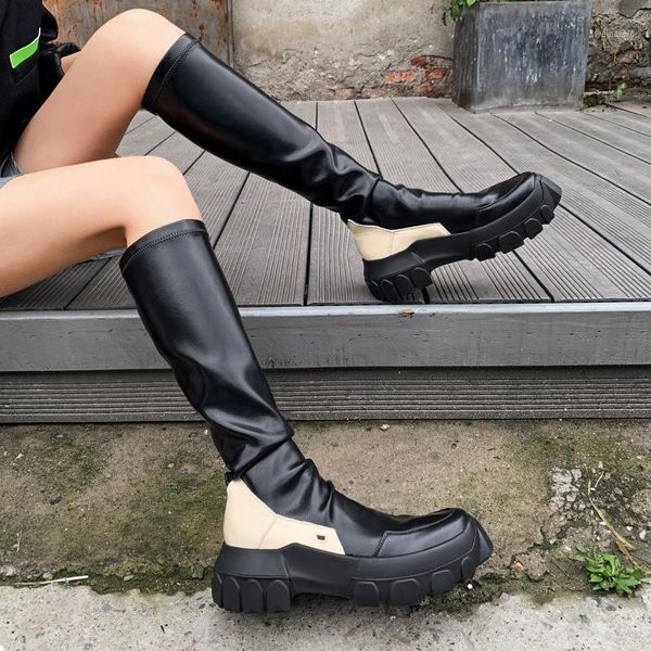 womens knee high boots leather shoes pull on platform med heels stretch boots b41, Black
womens knee high boots leather shoes pull on platform med heels stretch boots b41, Black