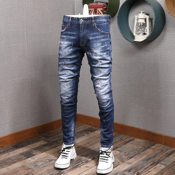 men's jeans italian style fashion men blue color elastic slim fit ripped denim pants homme painted designer punk trousers
men's jeans italian style fashion men blue color elastic slim fit ripped denim pants homme painted designer punk trousers