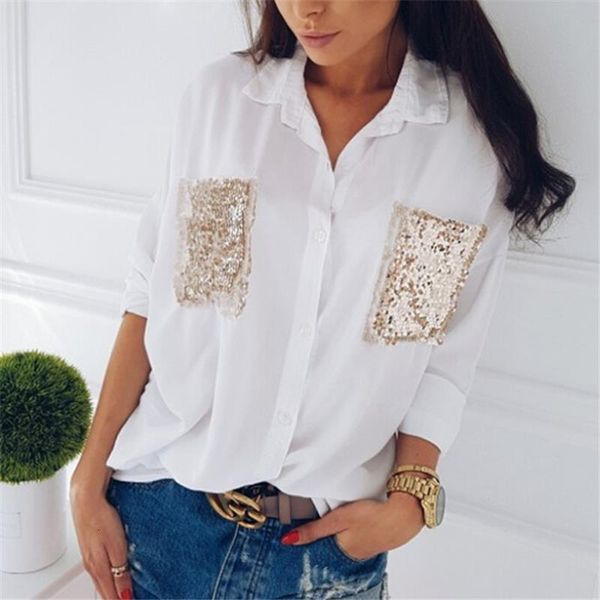 fashion women shirt casual long sleeve chiffon chest sequined pocket long sleeve blouses loose female blouse, White
fashion women shirt casual long sleeve chiffon chest sequined pocket long sleeve blouses loose female blouse, White