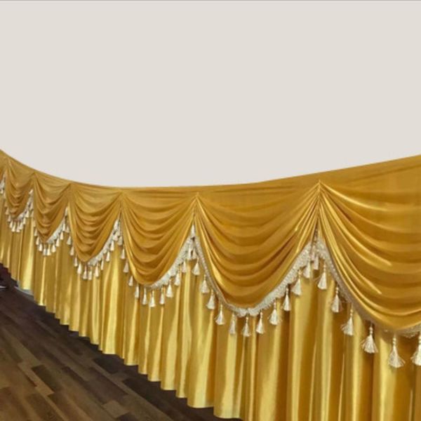 table skirt 20ft length (6m) gold skirts ice silk solid beautiful swag with tassel cloth wedding decoration
table skirt 20ft length (6m) gold skirts ice silk solid beautiful swag with tassel cloth wedding decoration