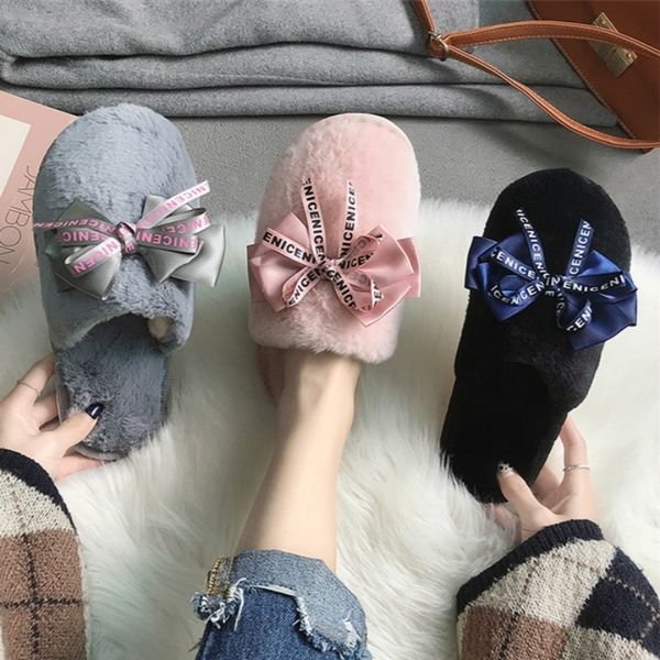 

cozy home winter warm woman slip on flats slides female faux fur slippers women shoes closed toe y200424, Black