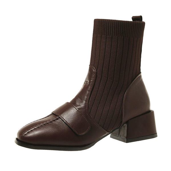 boots thick heel autumn and spring women high heels mid-heel female socks fashion british short tube, Black