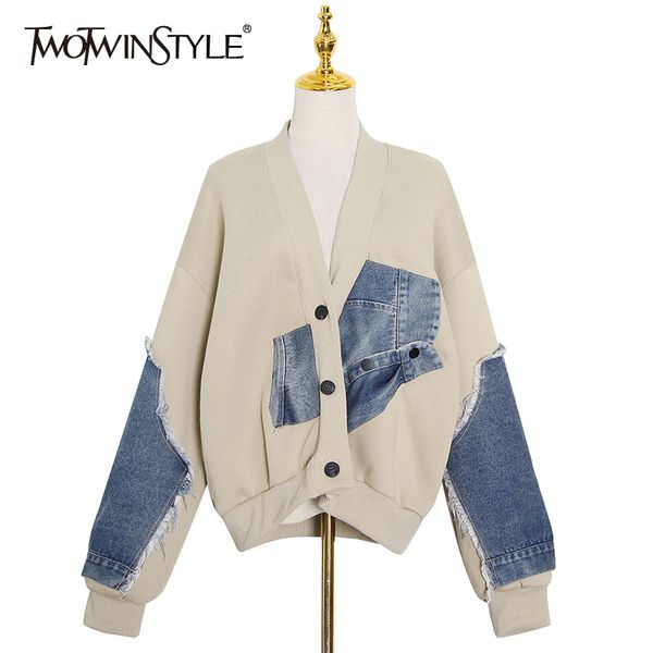 twotwinstyle casual patchwork denim jacket for women v neck long sleeve loose korean coat female fashion new clothing fall 201026, Black;brown
twotwinstyle casual patchwork denim jacket for women v neck long sleeve loose korean coat female fashion new clothing fall 201026, Black;brown
