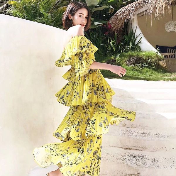 new slash neck woman yellow floral print vintage summer beach pleated maxi dress runway cascading ruffle vestidos bodycon y200805, Black;pink
new slash neck woman yellow floral print vintage summer beach pleated maxi dress runway cascading ruffle vestidos bodycon y200805, Black;pink