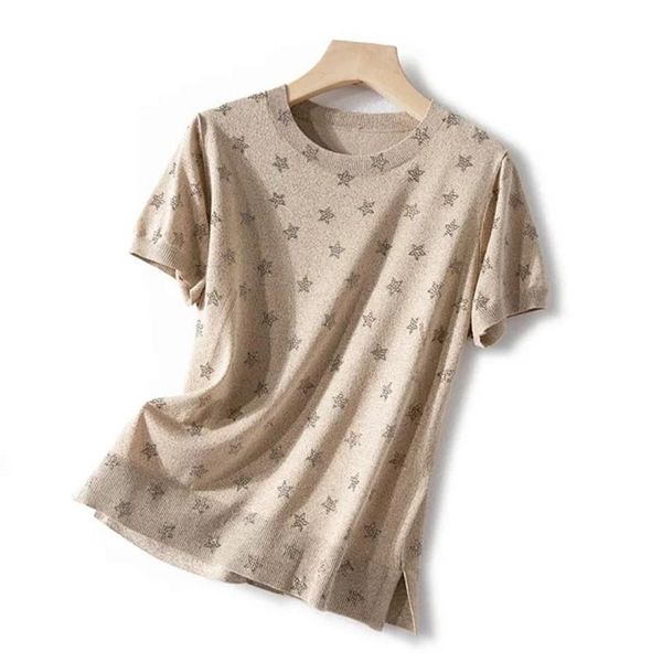 100% linen women knitted t shirt diamond stars beadings lady short sleeve tee female knitwear sweater t-shirts, White
100% linen women knitted t shirt diamond stars beadings lady short sleeve tee female knitwear sweater t-shirts, White