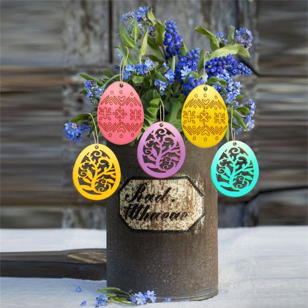 6pcs Wooden Easter Eggs Pendant Diy Wood Craft Easter Egg Ornament Home Decoration Hanging Pendants Festival Party Gift Supplies E122805