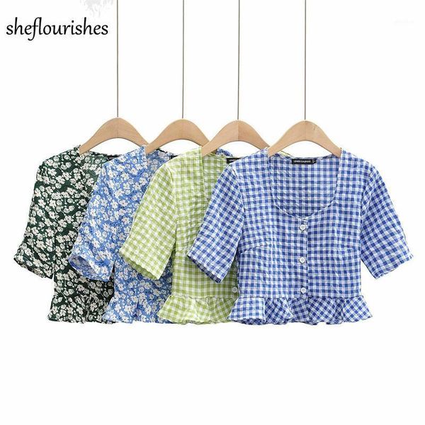 vintage blouse women summer shirt short sleeve floral print button up shirt v neck ruffle blouse green plaid cropped 20201, White
vintage blouse women summer shirt short sleeve floral print button up shirt v neck ruffle blouse green plaid cropped 20201, White