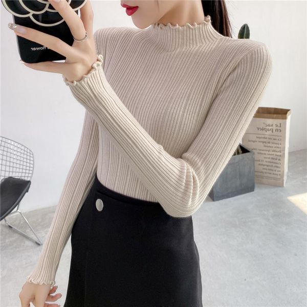 women's sweaters 2021 spring winter thick sweater women knitted ribbed pullover mock neck ruffles long slim jumper soft warm pull femme, White;black
women's sweaters 2021 spring winter thick sweater women knitted ribbed pullover mock neck ruffles long slim jumper soft warm pull femme, White;black