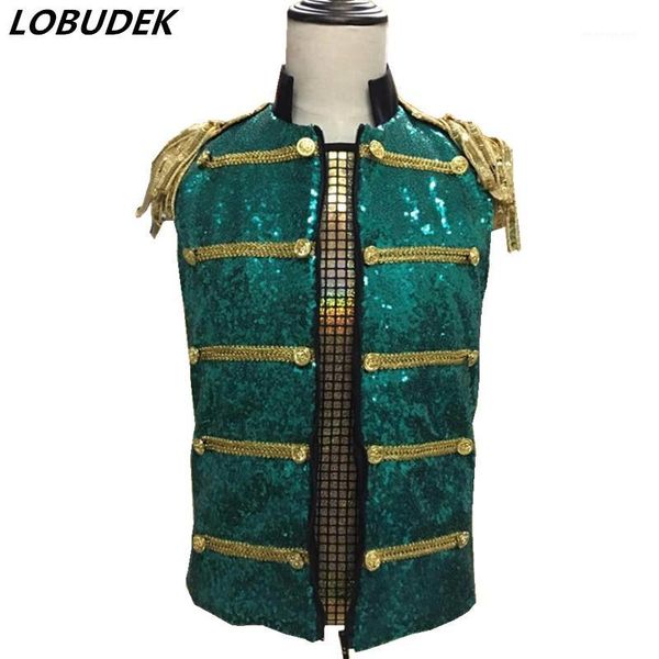 tide men nightclub singer punk rock costume green sequins gold tassels vest waistcoat bar drum dancer host performance outfit1, Black;white
tide men nightclub singer punk rock costume green sequins gold tassels vest waistcoat bar drum dancer host performance outfit1, Black;white