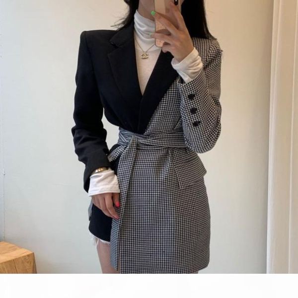 vintage plaid patchwork women blazer spring long sleeve matching irregular women jackets coat with belts vintage suit coats, White;black 
vintage plaid patchwork women blazer spring long sleeve matching irregular women jackets coat with belts vintage suit coats, White;black