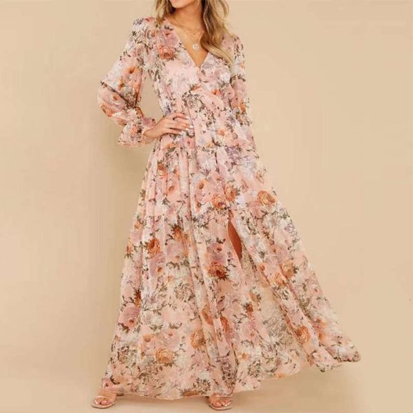 mature chiffon light v-neck lotus leaf sleeve floral dress, Black;gray