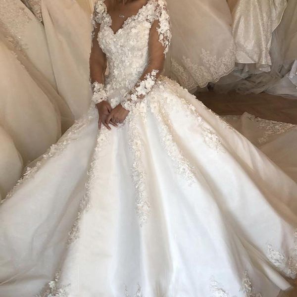 lace flowers wedding dress long sleeves v neck vestidos de novia pearls beaded lace up back wedding gowns with court train bride dress, White
lace flowers wedding dress long sleeves v neck vestidos de novia pearls beaded lace up back wedding gowns with court train bride dress, White