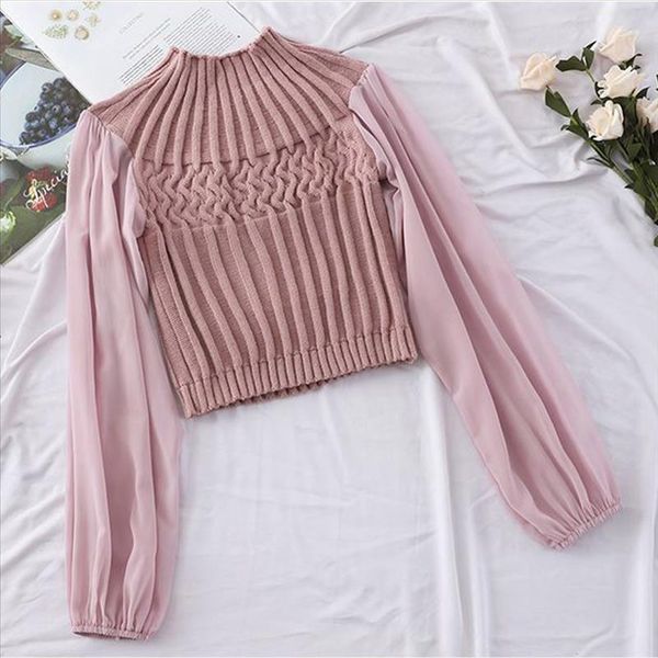 2021 new arrival ladies knit stitching lantern sleeve blouse pullover female shirts women fashion clothes, White 
2021 new arrival ladies knit stitching lantern sleeve blouse pullover female shirts women fashion clothes, White