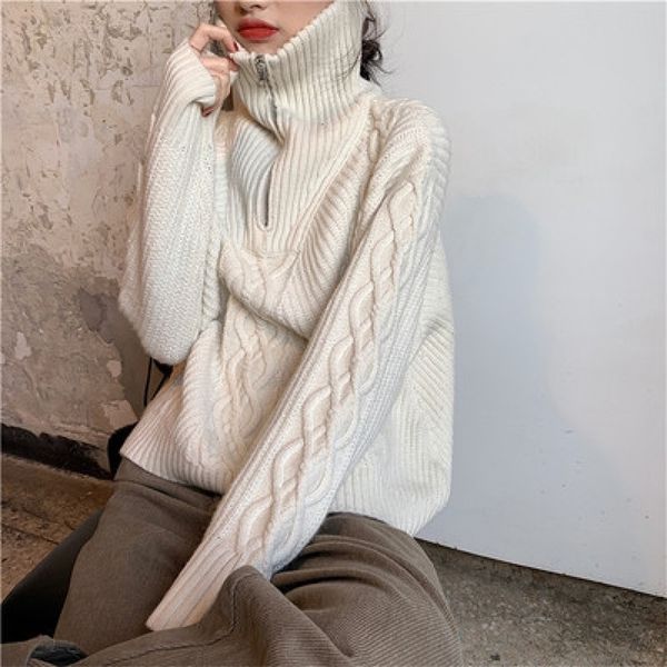 yamdi chic stand collar zipper up women sweaters 2020 new autumn winter loose twist striped long sleeve female knitted pullovers lj201126, White;black
yamdi chic stand collar zipper up women sweaters 2020 new autumn winter loose twist striped long sleeve female knitted pullovers lj201126, White;black