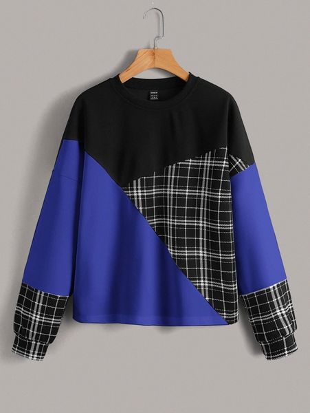 plaid print color block drop shoulder u0xb#, White 
plaid print color block drop shoulder u0xb#, White