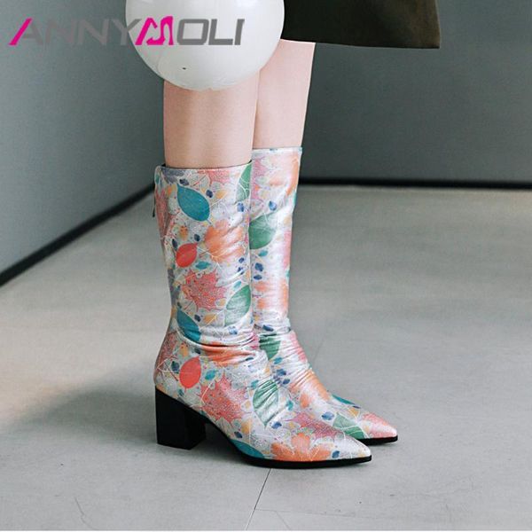 annymoili western boots mid calf boots 2020 winter women shoes zipper pointed toe flower chunky high heels female footwear, Black