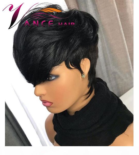 vancehair full lace human hair short wavy wigs 130% density natural black short human hair pixie cut layered wigs, Black;brown