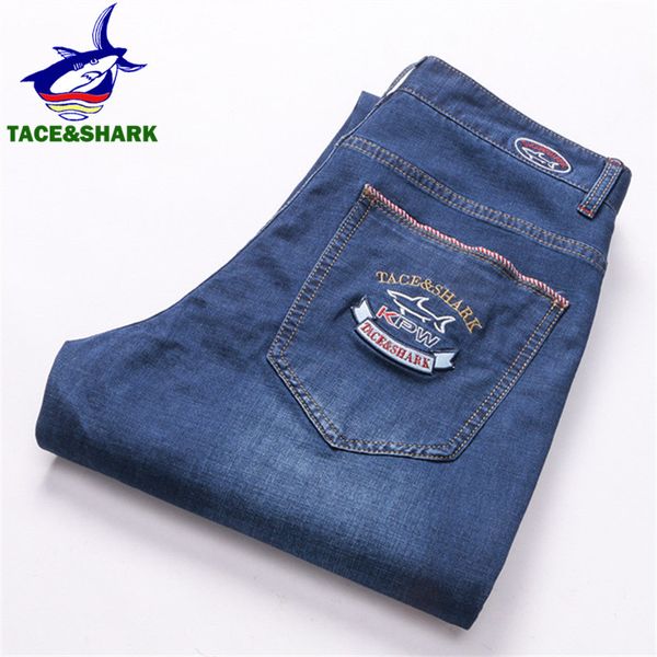 tace&shark brand men jeans male business casual shark denim pants fashion embroidery trousers plus size q0105, Black;white
tace&shark brand men jeans male business casual shark denim pants fashion embroidery trousers plus size q0105, Black;white