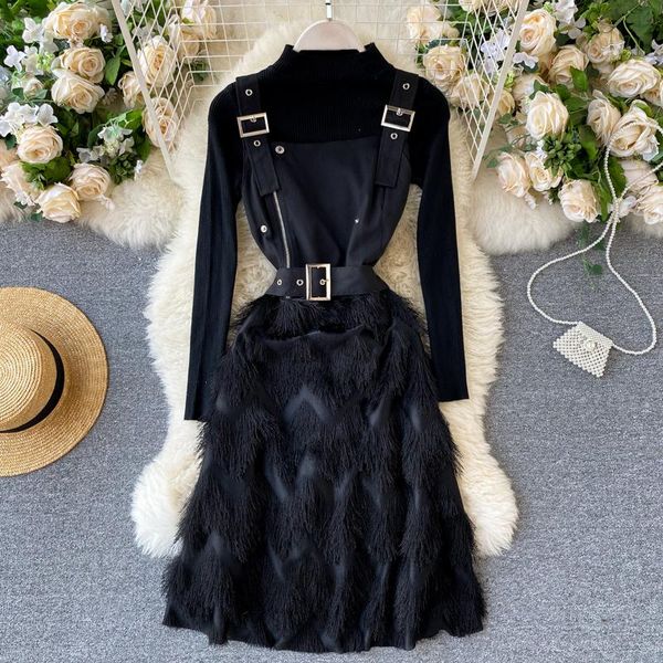 super chic women twinset dress casual trendy long sleeve t-shirt and tassels decorated tank dress, Black;gray
super chic women twinset dress casual trendy long sleeve t-shirt and tassels decorated tank dress, Black;gray