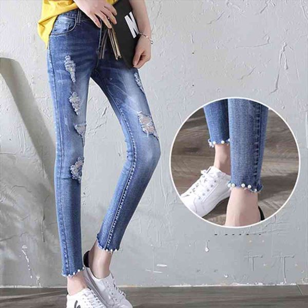 streetwear ripped skinny jeans for teen girls fashion ankle length ripped jeans women vintage pearl beading skinny denim pants, Blue 
streetwear ripped skinny jeans for teen girls fashion ankle length ripped jeans women vintage pearl beading skinny denim pants, Blue