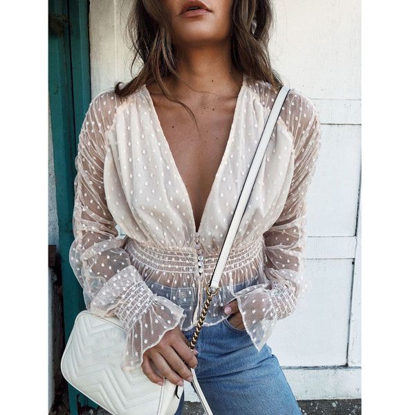 2019 new trendy causual solid dot slim v-neck see-through women's mesh sheer long sleeve fitted shirt, White
2019 new trendy causual solid dot slim v-neck see-through women's mesh sheer long sleeve fitted shirt, White