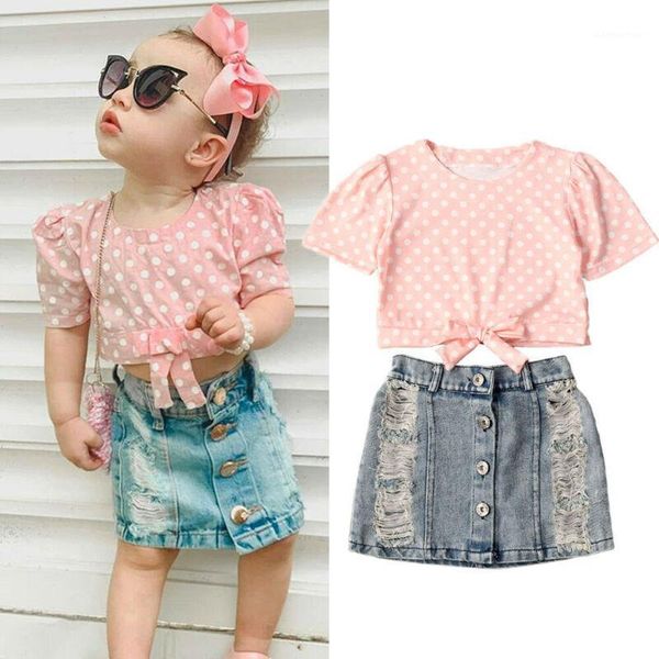 cute 2pcs kid baby girls short sleeve dot t-shirt single breasted hole denim skirts summer outfits set1, White
cute 2pcs kid baby girls short sleeve dot t-shirt single breasted hole denim skirts summer outfits set1, White