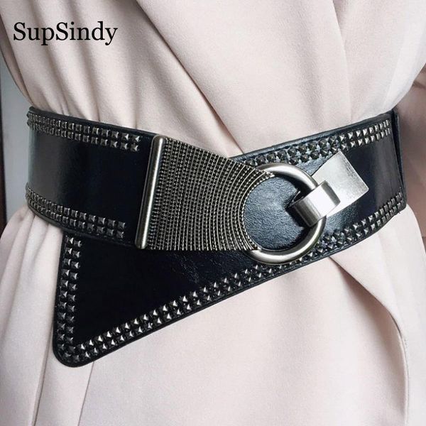 supsindy woman's down coat wide belt punk rivet round metal buckle elastic luxury dress leather belts for women waistband female, Black;brown
supsindy woman's down coat wide belt punk rivet round metal buckle elastic luxury dress leather belts for women waistband female, Black;brown