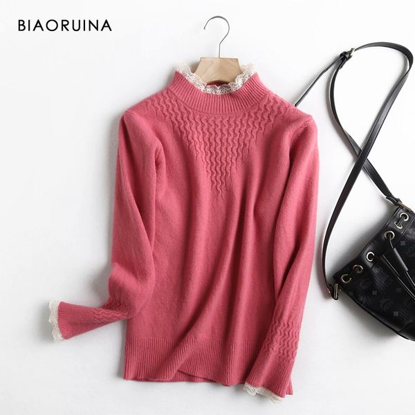 biaoruina women's korean style winding knitted pullover lace spliced mock neck female loose sweet all-match sweater h1211, White;black
biaoruina women's korean style winding knitted pullover lace spliced mock neck female loose sweet all-match sweater h1211, White;black
