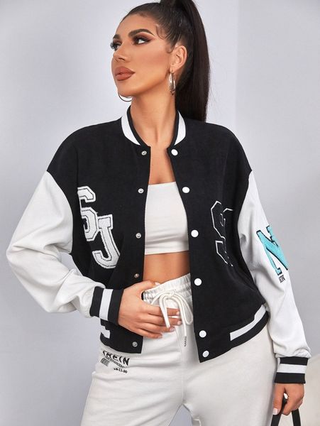 sxy letter patch detail drop shoulder two tone bomber jacket c4dj#, Black;brown 
sxy letter patch detail drop shoulder two tone bomber jacket c4dj#, Black;brown