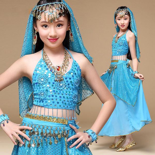 sari children dance 5-piece costume set ( belt, skirt and head pieces) kids bollywood dance costumes for girls, Black;red