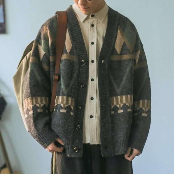 japanese winter v-neck cardigan men sweater england style retro diamond jacquard harajuku casual loose men's sweater, White;black
japanese winter v-neck cardigan men sweater england style retro diamond jacquard harajuku casual loose men's sweater, White;black