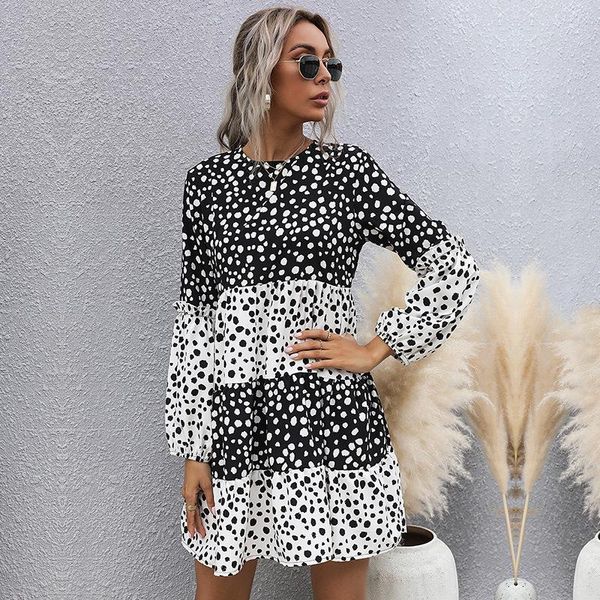 french a-line polka dot ladies frocks casual o-neck empire vintage dress elegant full sleeve mini dress summer chiffon vestidos, Black;gray 
french a-line polka dot ladies frocks casual o-neck empire vintage dress elegant full sleeve mini dress summer chiffon vestidos, Black;gray