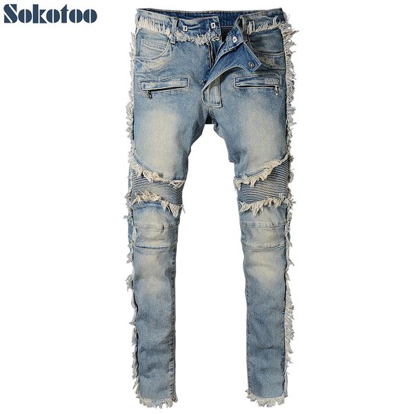 sokotoo men's vintage washed denim fringe biker jeans moto fashion slim fit straight patchwork pants for big and tall, Blue
sokotoo men's vintage washed denim fringe biker jeans moto fashion slim fit straight patchwork pants for big and tall, Blue
