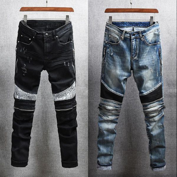 men's jeans american streetwear fashion men slim fit elastic cotton denim ripped punk trousers patches designer hip hop biker pants, Blue
men's jeans american streetwear fashion men slim fit elastic cotton denim ripped punk trousers patches designer hip hop biker pants, Blue