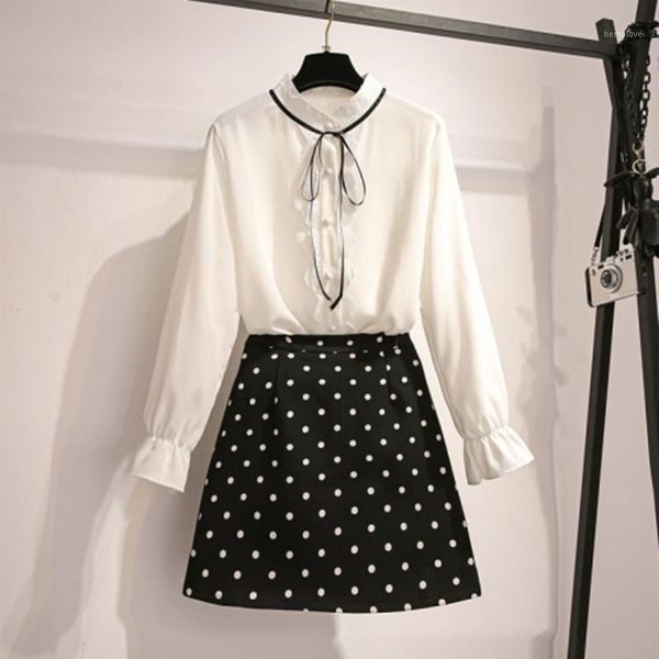 2020 spring 2 piece set new korean flounced lace up bow women' long sleeve chiffon blouse and dot skirt outfits1, White
2020 spring 2 piece set new korean flounced lace up bow women' long sleeve chiffon blouse and dot skirt outfits1, White