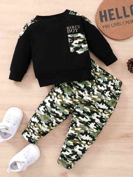 baby letter and camo print sweatshirt & sweatpants she, White 
baby letter and camo print sweatshirt & sweatpants she, White
