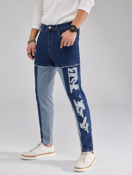 men graphic print two tone jeans o8ln#, Blue 
men graphic print two tone jeans o8ln#, Blue